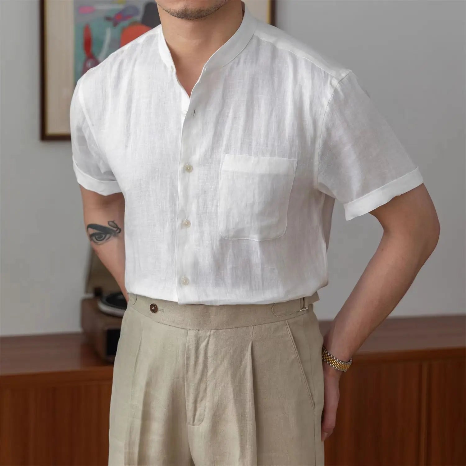 Chemise en lin à col mao — manches longues
