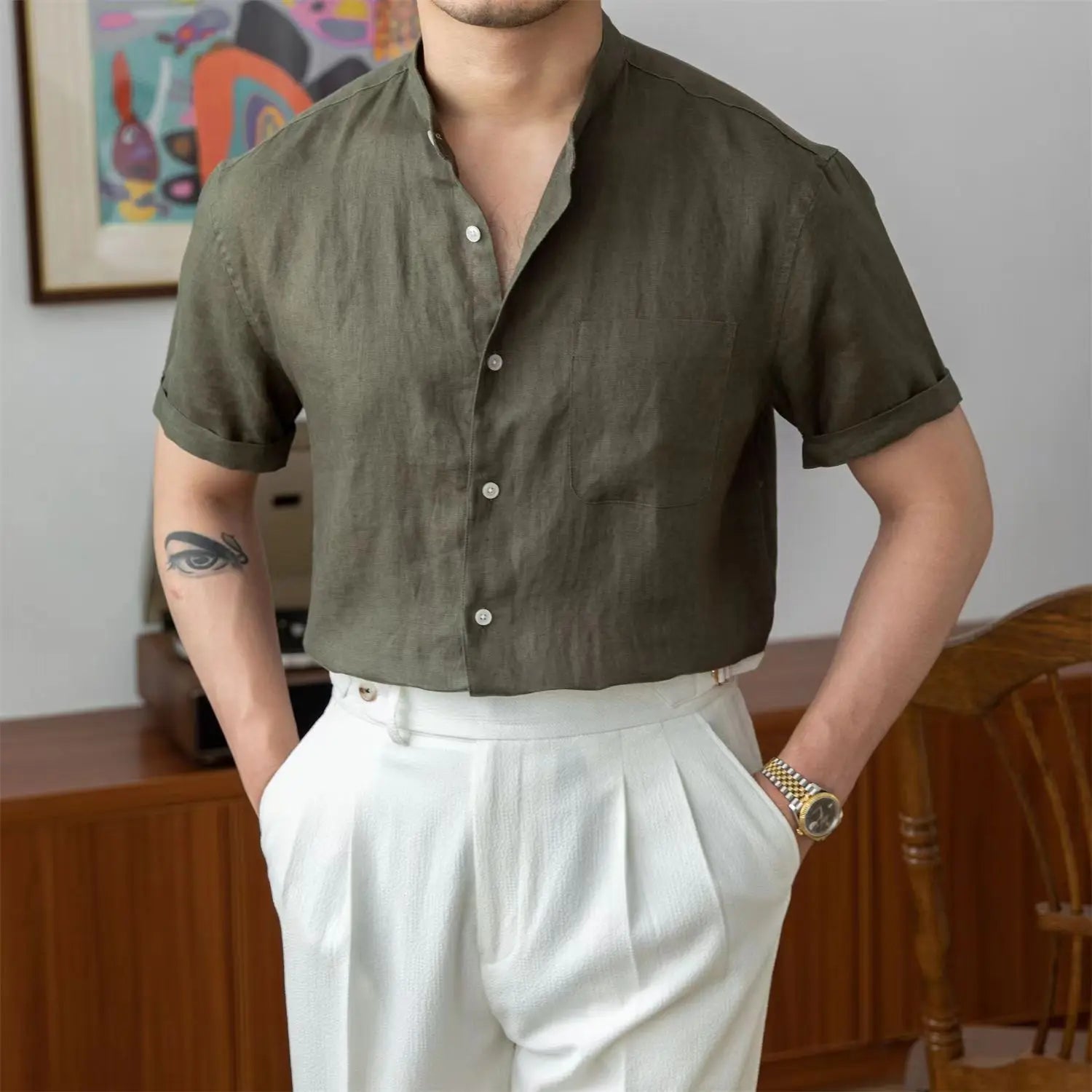 Chemise en lin à col mao — manches longues