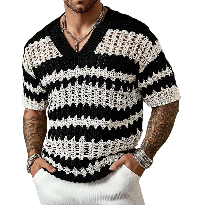 Pull en maille à col en V contrasté Portland