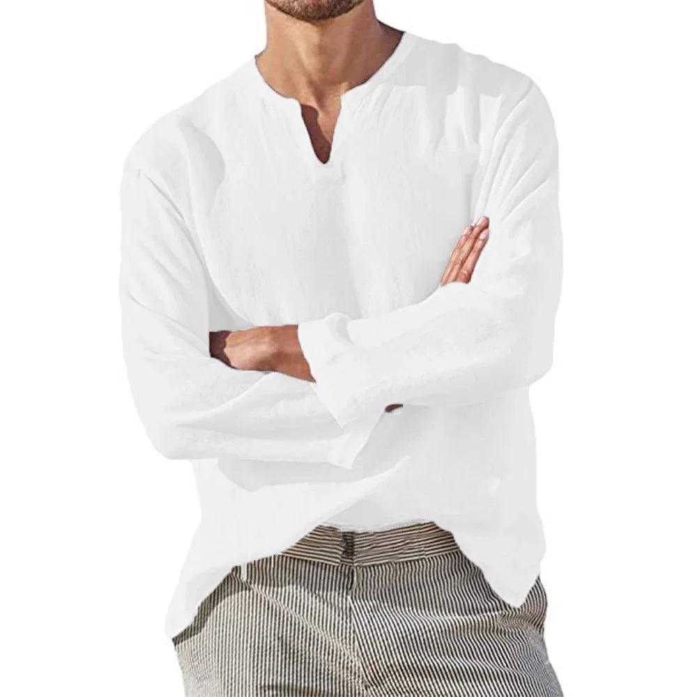 Chemise en lin Breezewalk | Pull-over à col en V pour homme, manches longues, mélange de coton