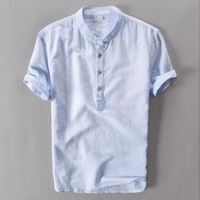 Chemise en lin à manches courtes pour homme - Col mandarin - Décontractée légère
