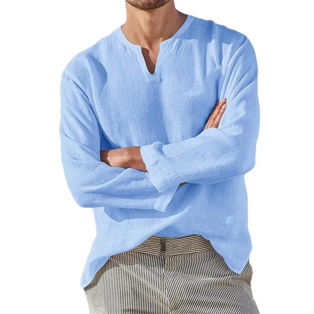 Chemise en lin Breezewalk | Pull-over à col en V pour homme, manches longues, mélange de coton