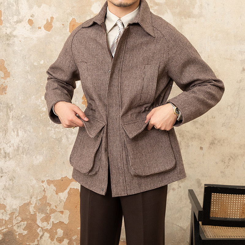 Manteau Car en Laine Mélangée Enzo à Motif Pied-de-Poule