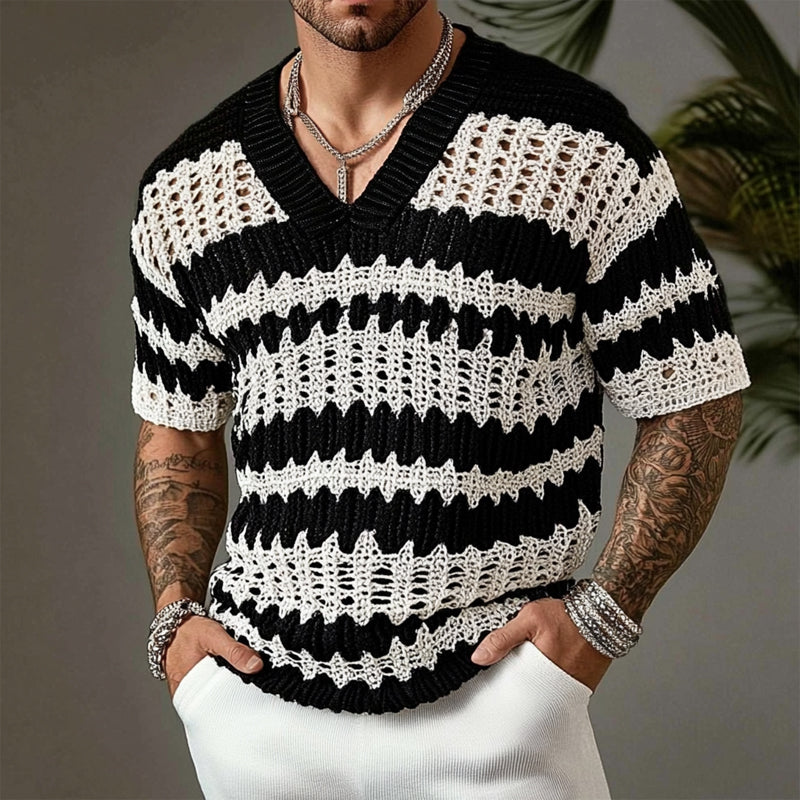 Pull en maille à col en V contrasté Portland