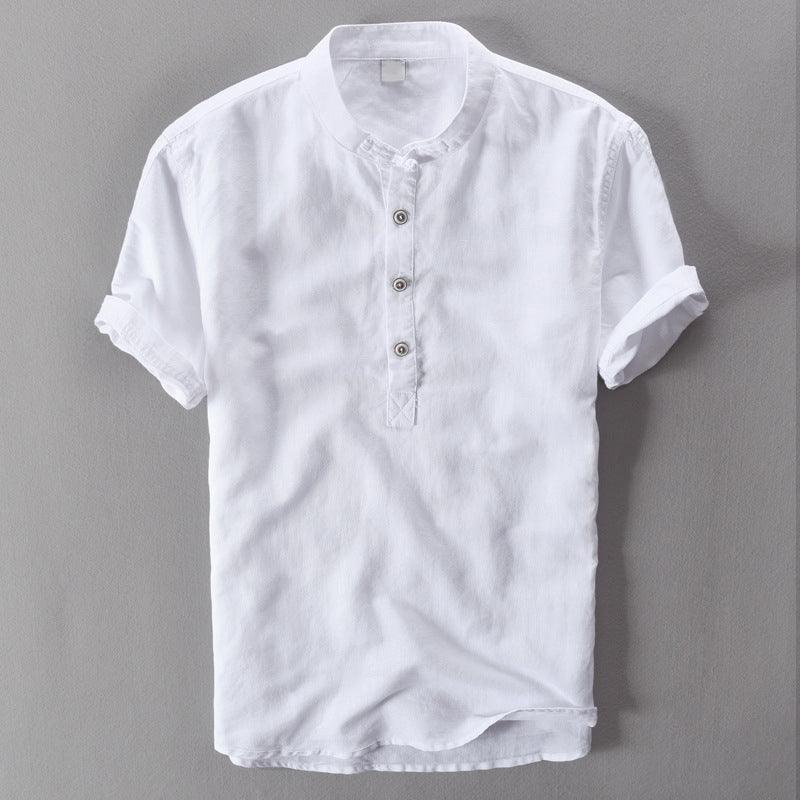 Chemise en lin à manches courtes pour homme - Col mandarin - Décontractée légère