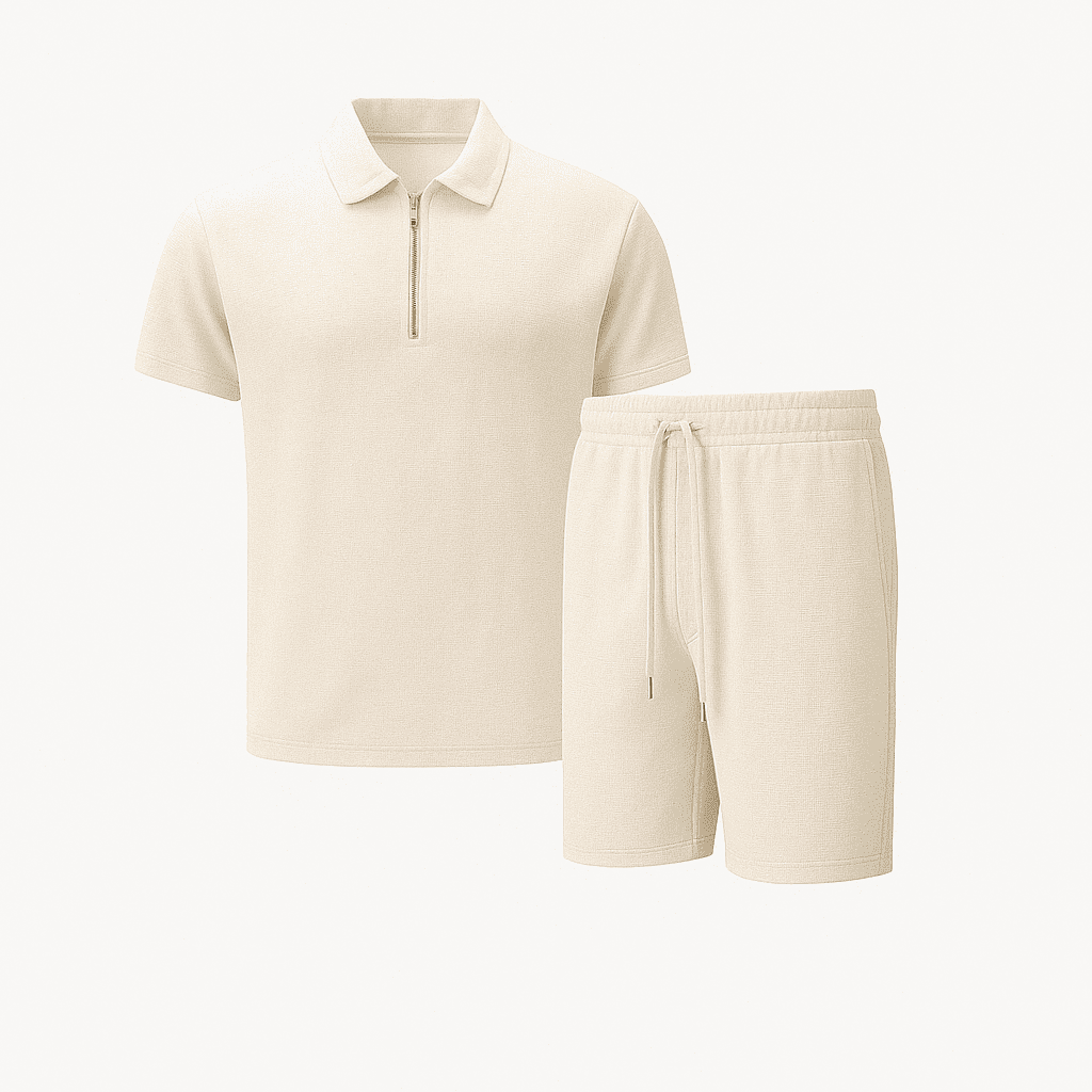 Kit Homme Doux Tricot Gaufre Été – Polo Léger Assorti & Shorts