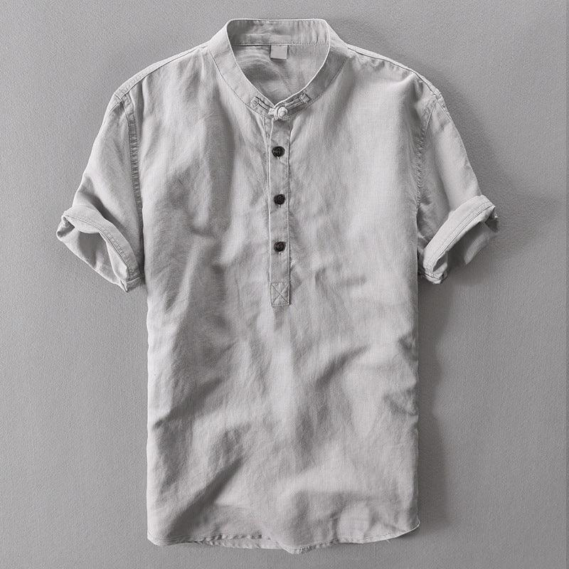 Chemise en lin à manches courtes pour homme - Col mandarin - Décontractée légère
