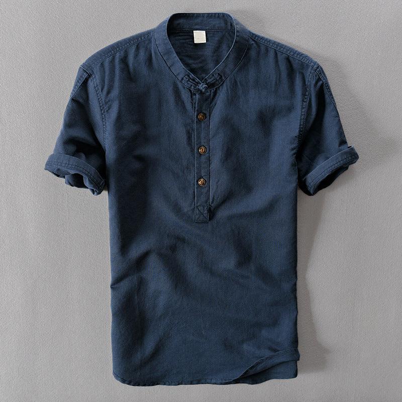 Chemise en lin à manches courtes pour homme - Col mandarin - Décontractée légère