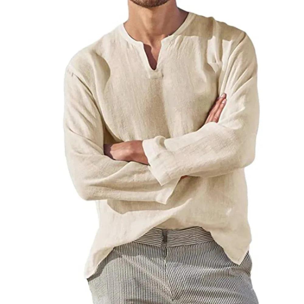 Chemise en lin Breezewalk | Pull-over à col en V pour homme, manches longues, mélange de coton