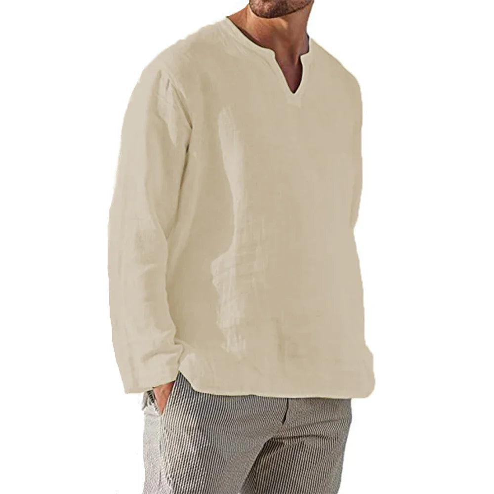 Chemise en lin Breezewalk | Pull-over à col en V pour homme, manches longues, mélange de coton