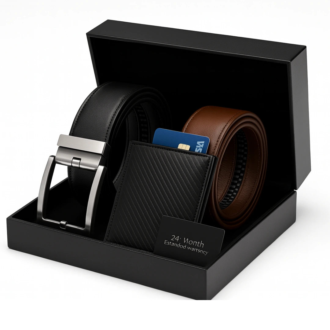 Ensemble cadeau AutoFit Belt™ Executive Elite – Boucle autobloquante + 2 sangles de luxe + porte-cartes + boîte premium | 50 % de réduction