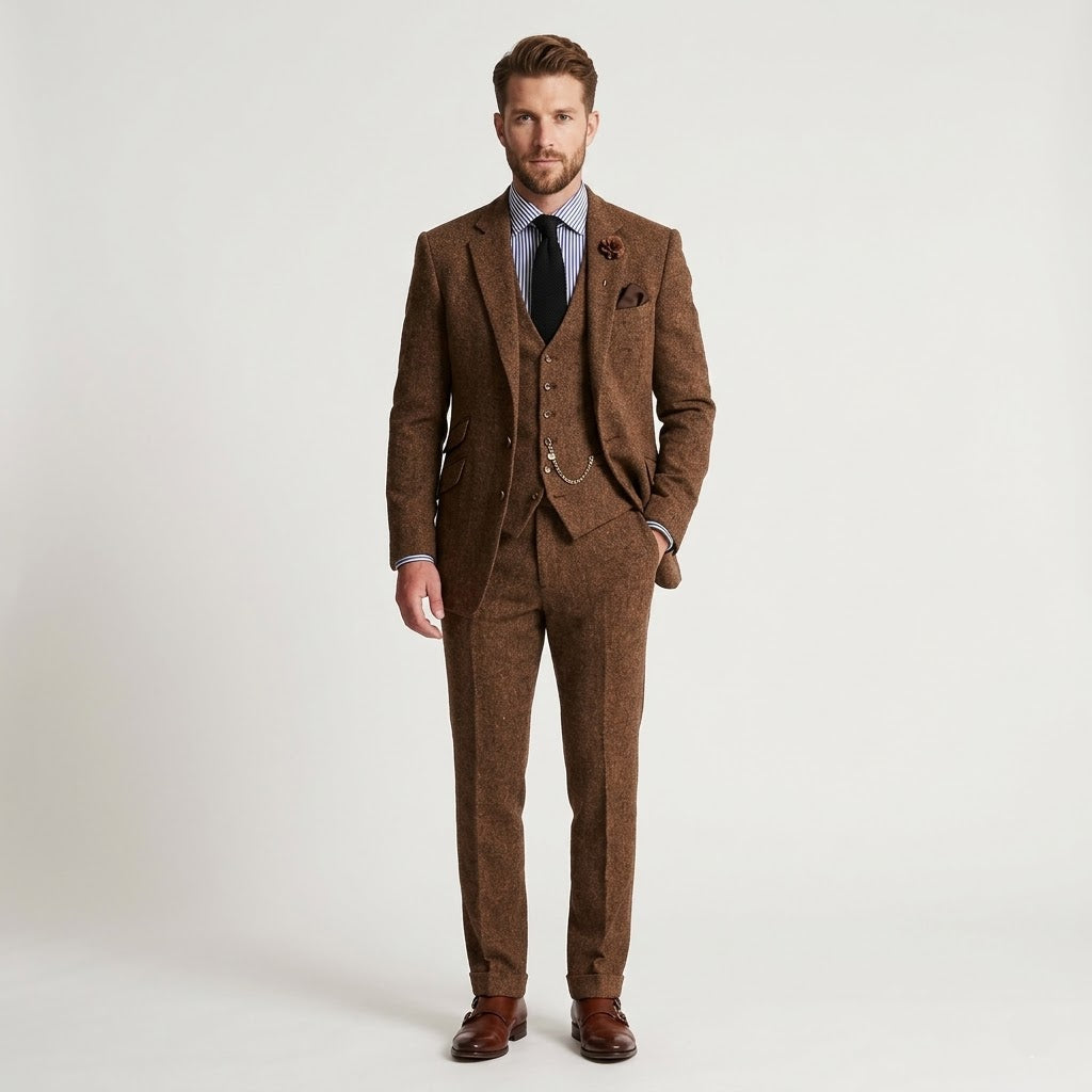 Men’s Three-Piece Tweed Tuxedo – Classic Tailored Suit Set
