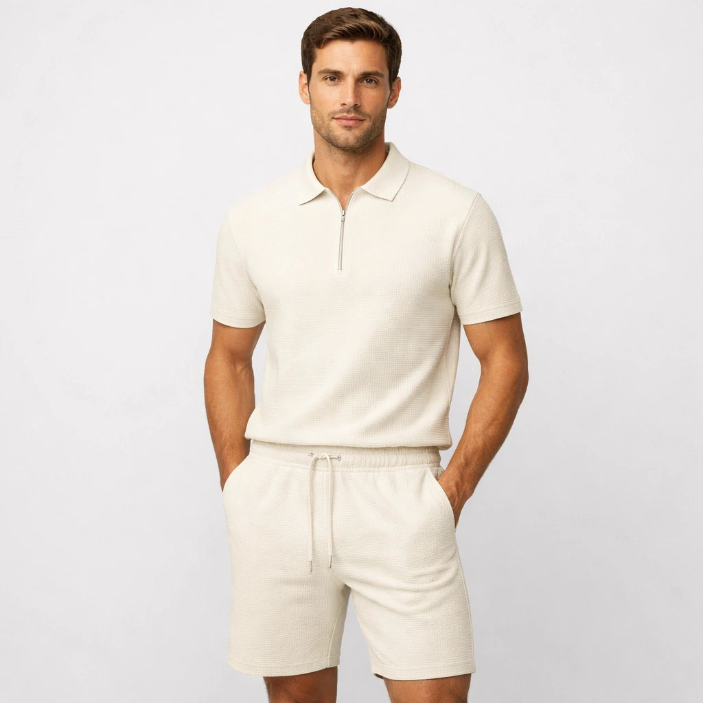 Kit Homme Doux Tricot Gaufre Été – Polo Léger Assorti & Shorts